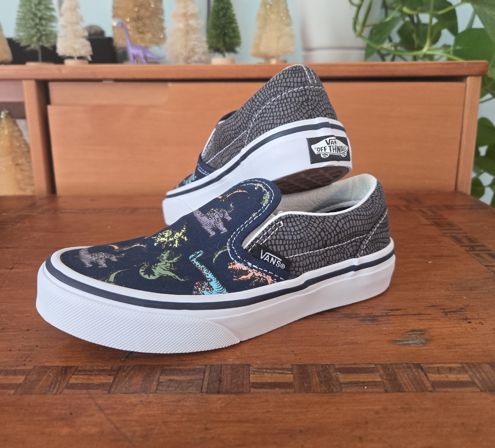 Vans Kids Dinosaur Print Slip-On Sneakers - Black and Multicolor